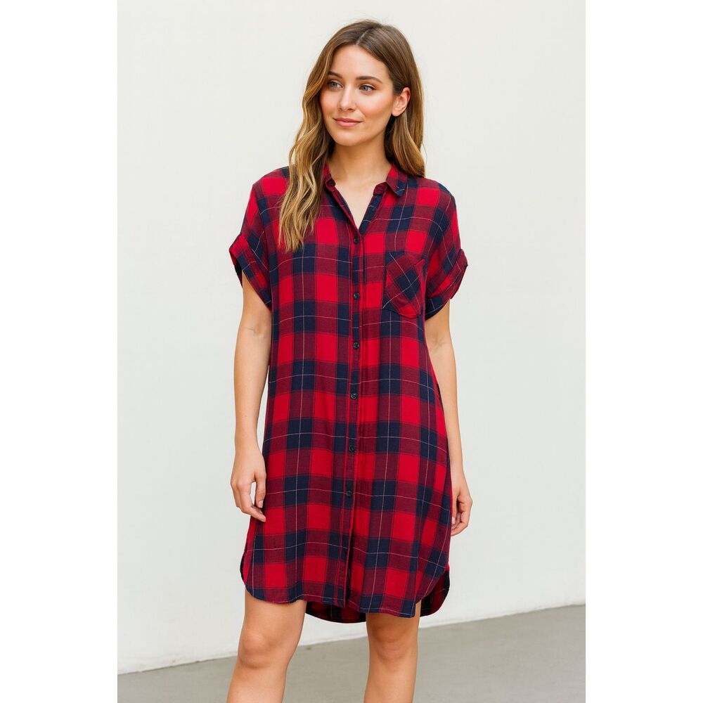 Rails Blue Red Haley Flannel Check Midi Shirt Dress  Women's Size Medium